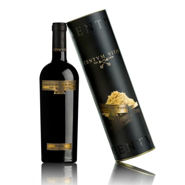 Botella Centvm Vitis junto a su estuche elegante con oro comestible de 22 kilates